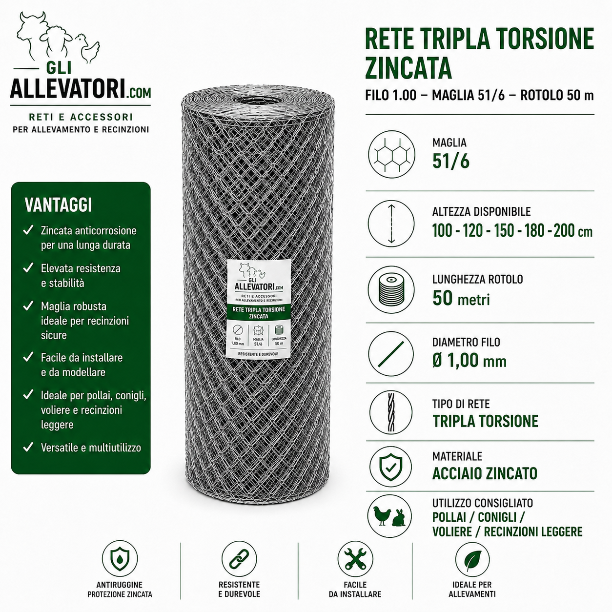 Rete Tripla Torsione Zincata Filo 1.00 Maglia 51/6 Rotolo 50 m