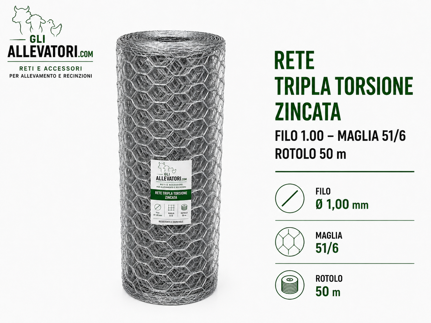 Rete Tripla Torsione Zincata Filo 1.00 Maglia 51/6 Rotolo 50 m